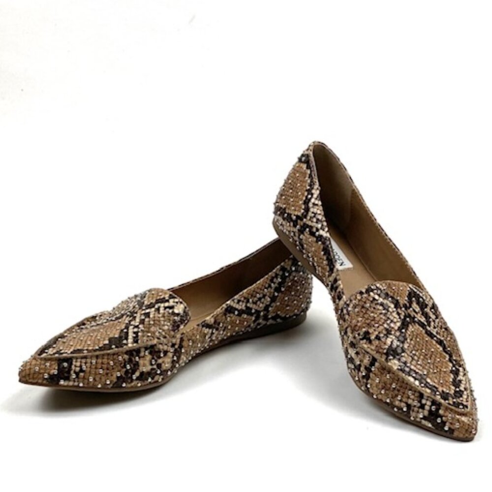 New Steve Madden Feather-S Tan Snake & Studded Pointed Toe Loafer, 7